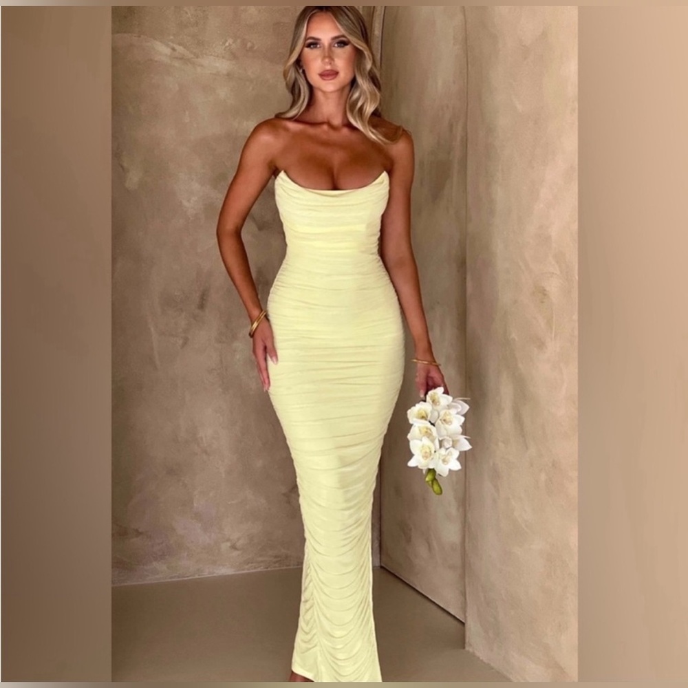Strapless Ruched Bodycon Maxi Dress in Pale Yellow
